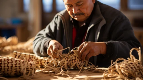 Traditional Mexican Man Weaving Basket