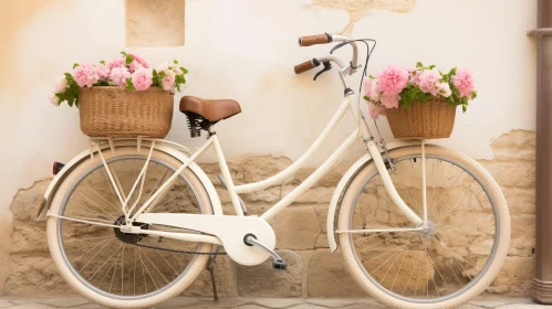 Vintage White Bicycle with Pink Flowers Against Stone Wall