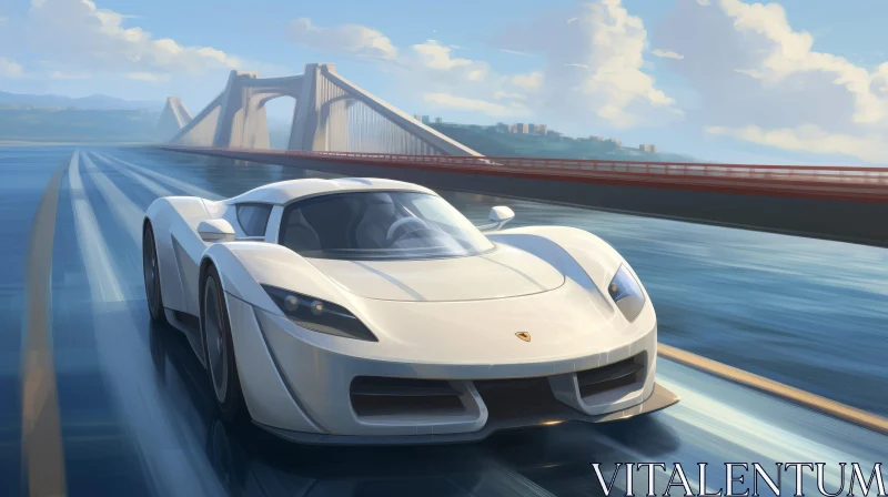 AI ART White Sports Car Driving on Bridge - Impressive Shot