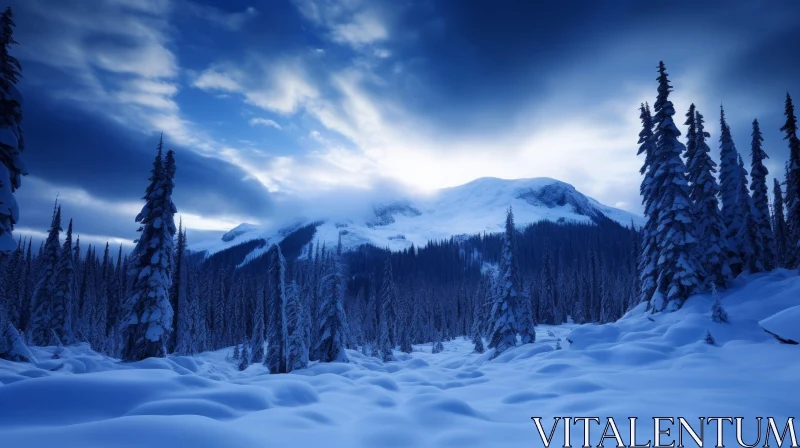 AI ART Winter Landscape: Snow-Capped Mountains and Serene Forest