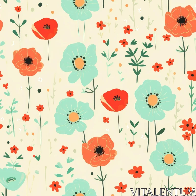 Yellow Floral Pattern with Red and Blue Flowers AI Image