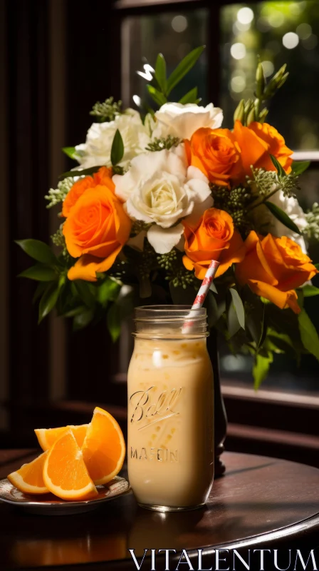 Amber-hued Milkshake Scene with Oranges and Flowers AI Image