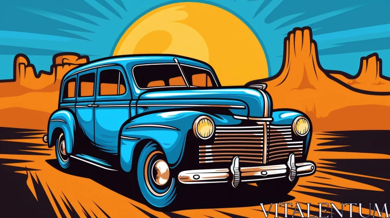 AI ART Blue Retro Car Cartoon Driving Through Desert