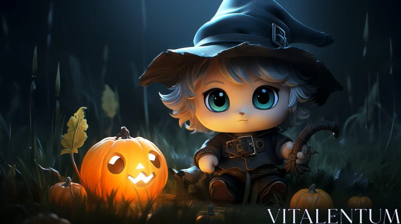 Chibi-Style Witch in Field with Jack-o'-lantern AI Image
