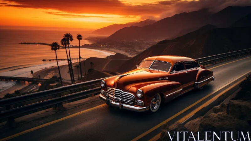 Classic Car Driving on Coastal Road at Sunset AI Image