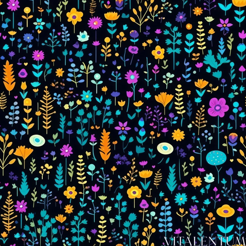 Colorful Flowers and Plants Seamless Pattern on Dark Blue Background AI Image