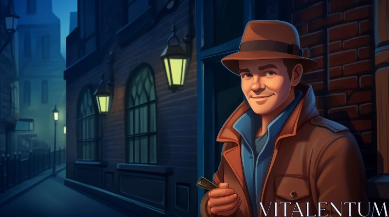 Confident Man in Dark Alleyway with Magnifying Glass AI Image
