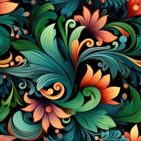Dark Floral Pattern with Colorful Flowers and Vines
