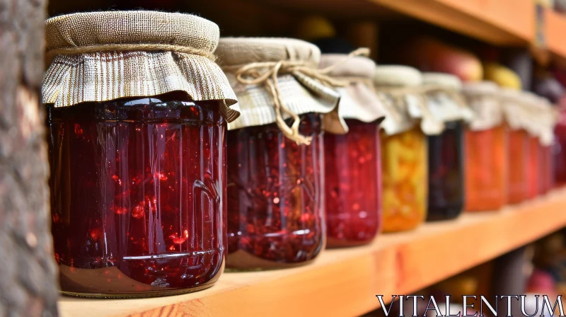 Delicious and Colorful Jars of Jam on a Rustic Wooden Shelf AI Image