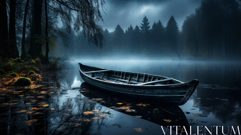AI ART Enigmatic Dark Landscape with Lone Boat on Still Lake