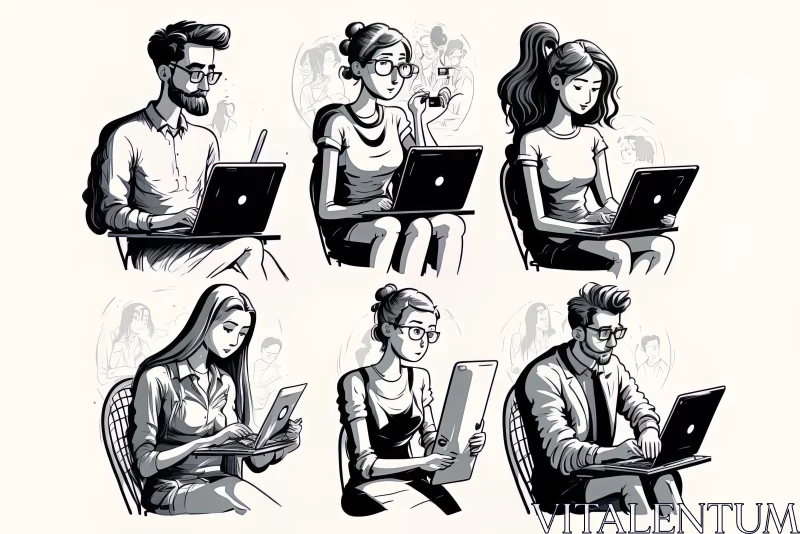 AI ART Group of People Using Laptops: Cartoon-style Illustration