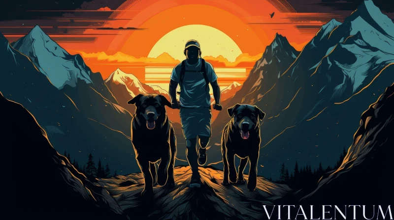 Man with Dogs Running on Mountain Ridge at Sunset AI Image
