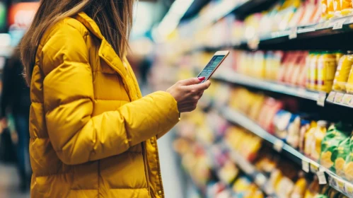 Modern Woman in Yellow Jacket at Supermarket | Digital Connectivity