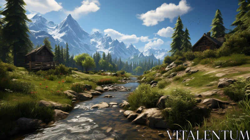 AI ART Mountain Valley Landscape - Serene Nature Scene