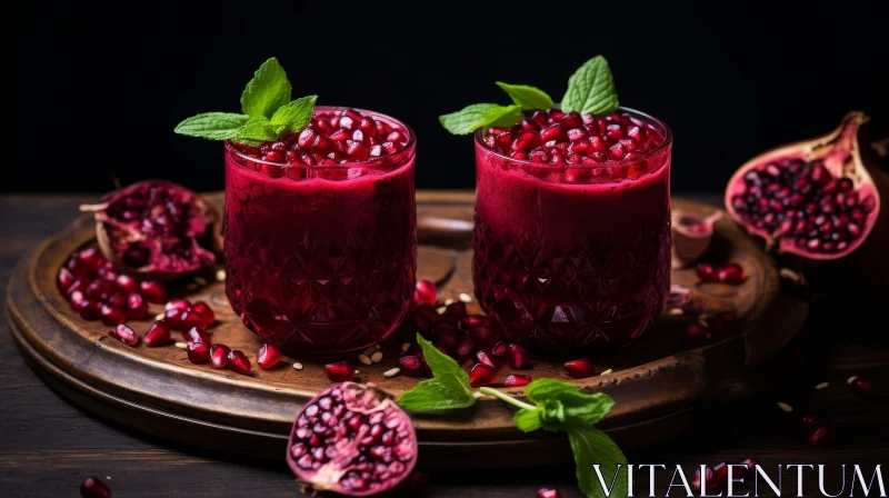 AI ART Pomegranate Juice with Mint on Wooden Table