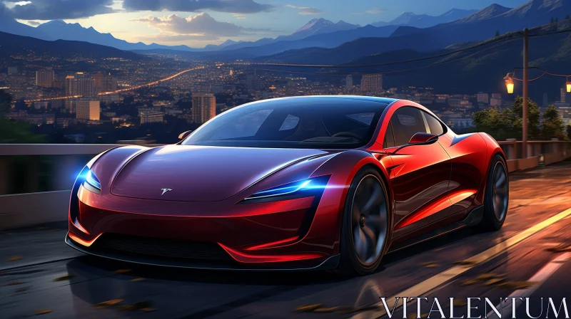 Red Sports Car in Futuristic Cityscape at Night AI Image