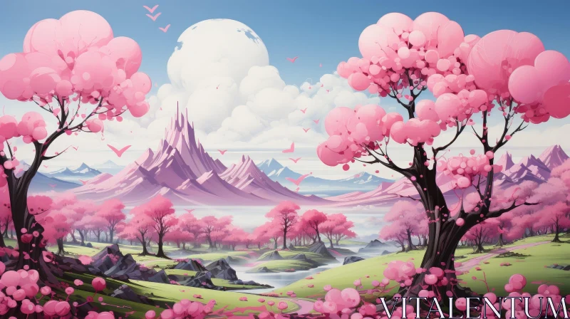 Serene Nature Landscape with Pink Tree and Mountains AI Image