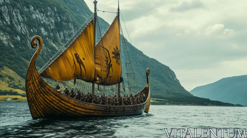 Serene Viking Ship Sailing on Norwegian Fjord AI Image