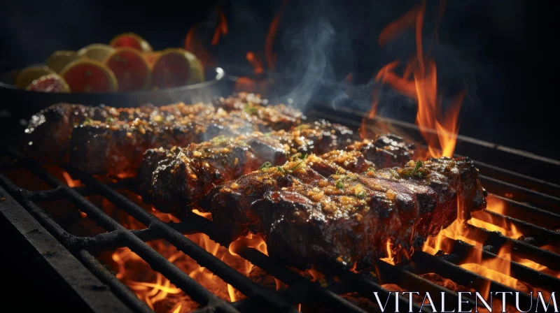 Sizzling Grill: Delicious Meat Cooking Over Flames AI Image
