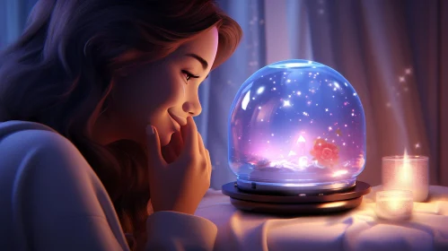 Surreal Image of Woman with Glass Ball and Rose Inside Smiling at Night Sky