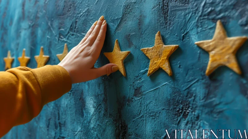 Touching Gold Star on Blue Textured Wall - Enchanting Abstract Art AI Image