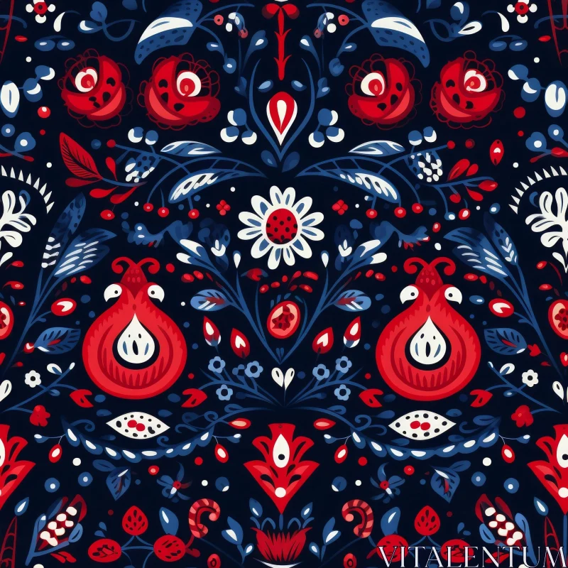 Traditional Folk Floral Pattern on Dark Blue Background AI Image