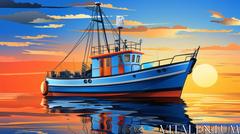AI ART Tranquil Fishing Boat at Sea - Sunset Digital Painting