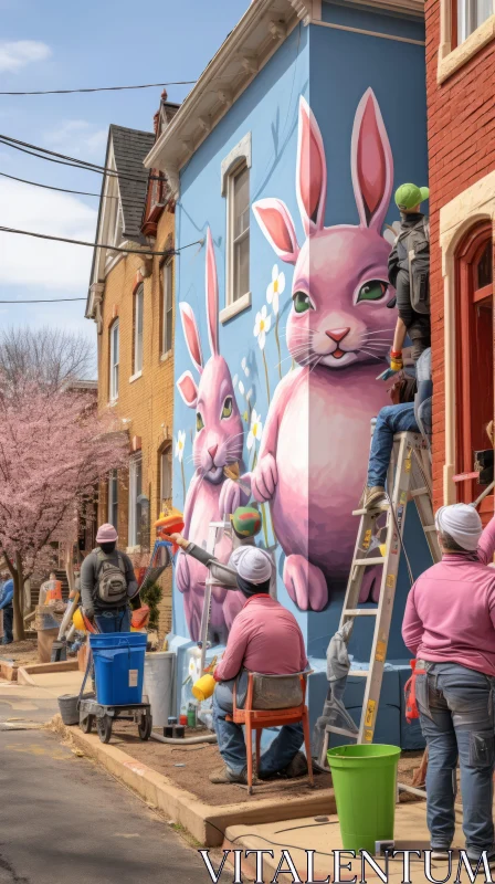 Urban Artistry: Pink Bunny Mural in Manapunk Style AI Image