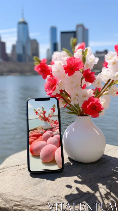 Urban Still Life: A Vase and Phone by the Riverside AI Image