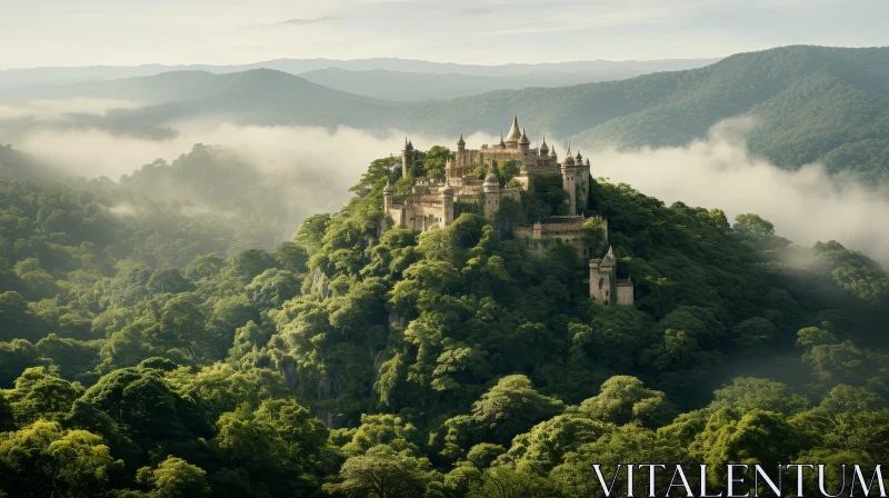 Castle on Hill Landscape with Mountains and Trees AI Image