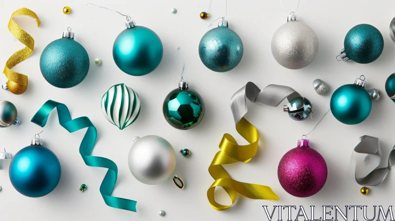 Christmas Ornaments and Ribbons Flat Lay on White Background AI Image