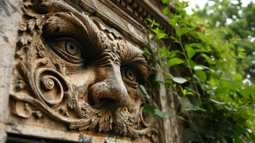 Close-Up Stone Sculpture on Building: Realistic Style, Detailed Facial Features