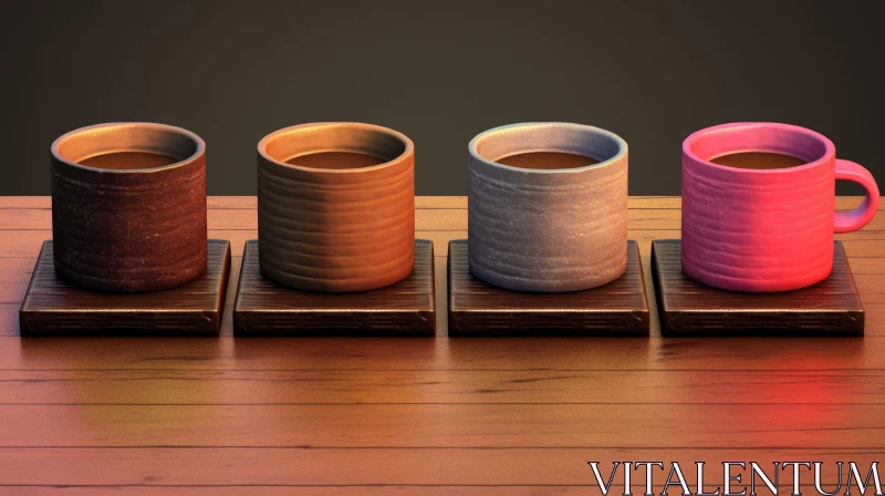 Colorful Ceramic Cups on Wooden Coasters - Table Setting Design AI Image