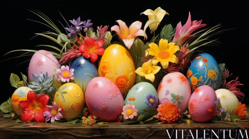 Colorful Easter Eggs Amidst Floral Arrangement - Still Life Artistry AI Image