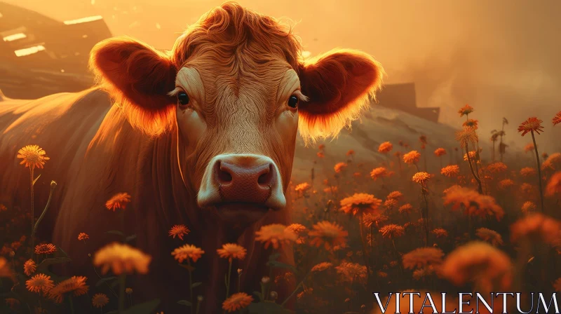 Cow in Field of Yellow Flowers at Sunset AI Image