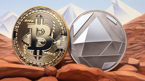 Cryptocurrency Coins Bitcoin Ethereum Desert Landscape