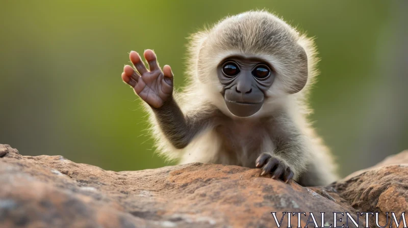 Curious Baby Monkey on Rock | Adorable Primate Image AI Image