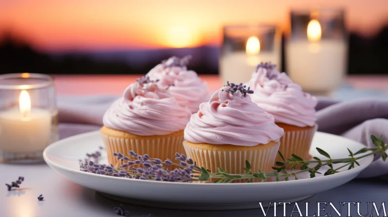 Delicious Cupcakes with Pink Frosting and Lavender Flowers AI Image