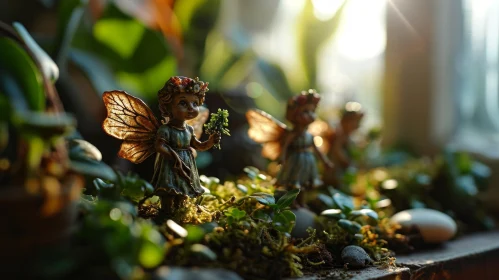 Enchanting Fairy Garden with Green-dressed Fairies