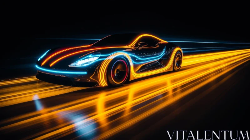Futuristic Dark Blue Sports Car with Glowing Neon Lights AI Image