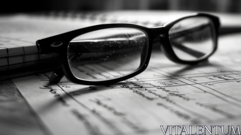 Minimalist Black and White Photo: Glasses on Notebook AI Image