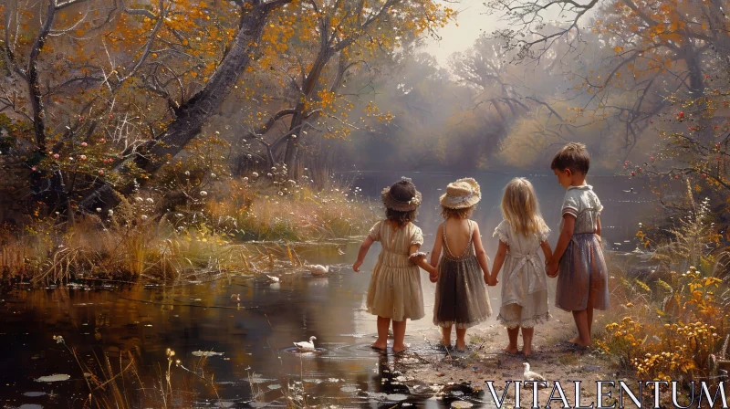 Nostalgic Children by the Pond AI Image