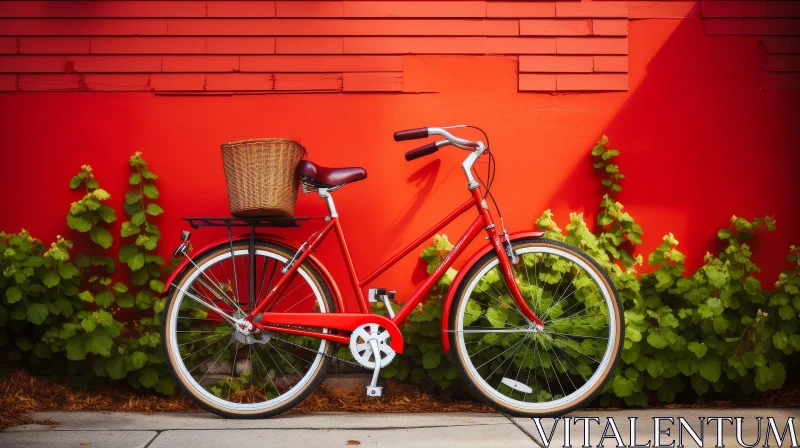 Red Bicycle Against Wall with Wicker Basket and Saddle AI Image