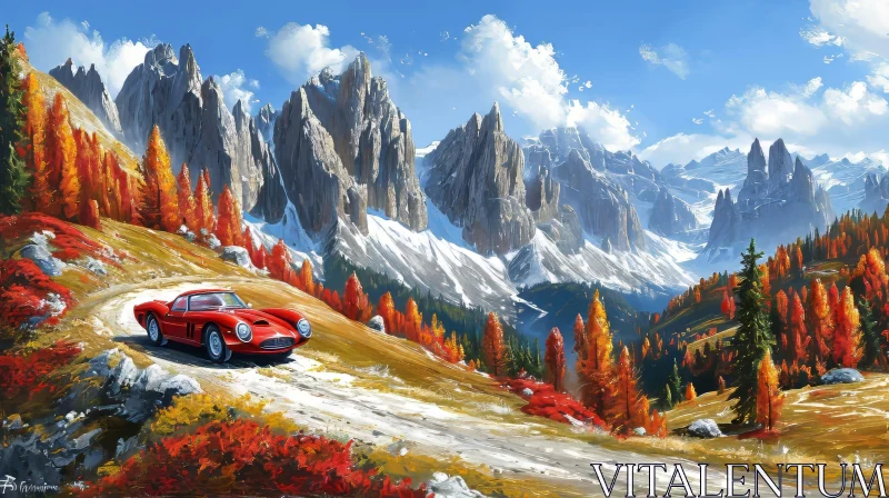 Red Classic Car Driving Through Snowy Mountains AI Image