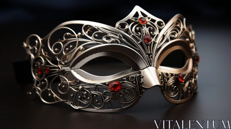 Silver Masquerade Mask with Red Jewels - Intricate Metal Design AI Image