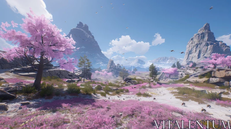 Snow-Capped Mountain Valley with River and Pink Flowers AI Image