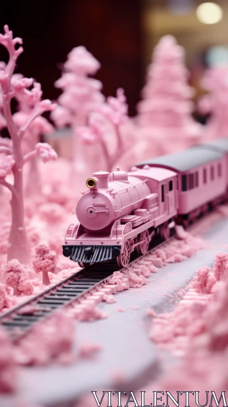 Sweet Journey: Pink Model Train in Candy-Coated Forest AI Image