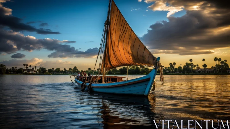 Tranquil River Sunset with Wooden Boat and Palm Trees AI Image