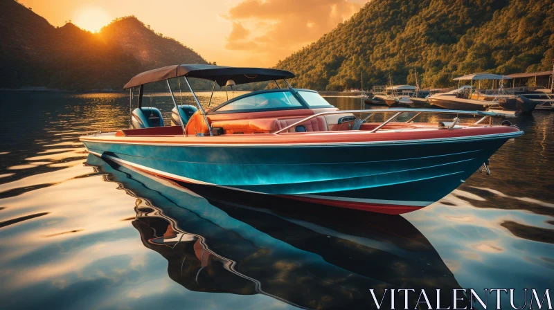 Tranquil Sunset Scene with Boat on Lake AI Image