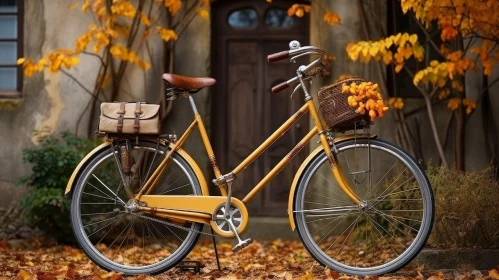 Vintage Bicycle and Yellow Flowers at Brown Door